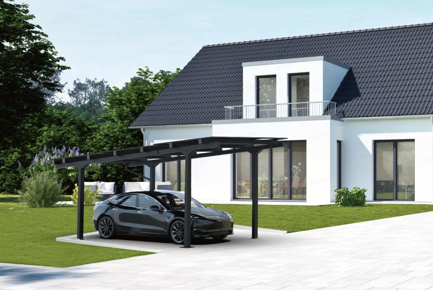 A new energy vehicle was parked under the solar-powered carport in front of my house