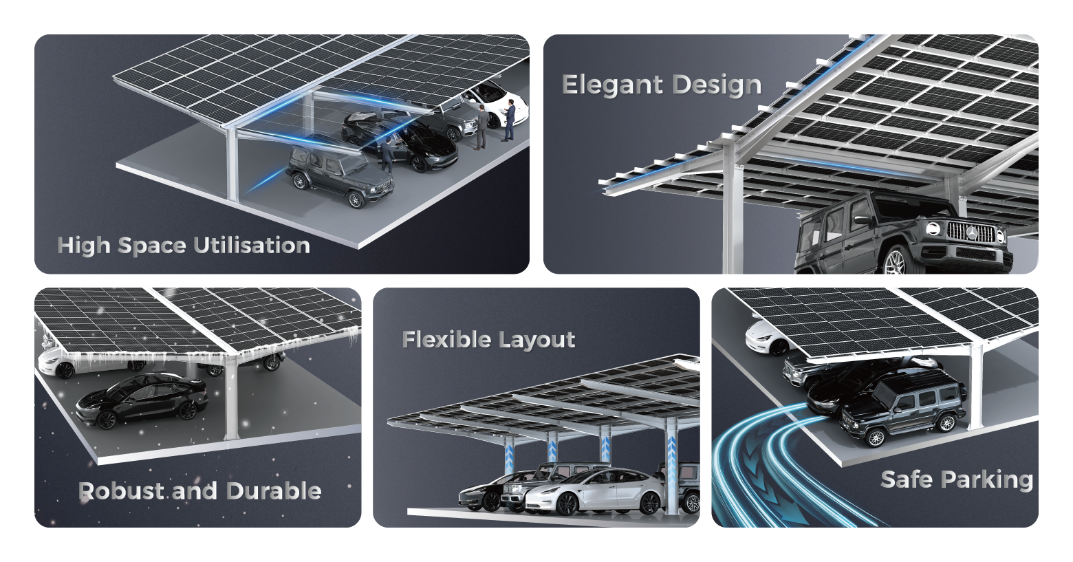 Highlights of the Heavy Steel Solar Carport (combination image)